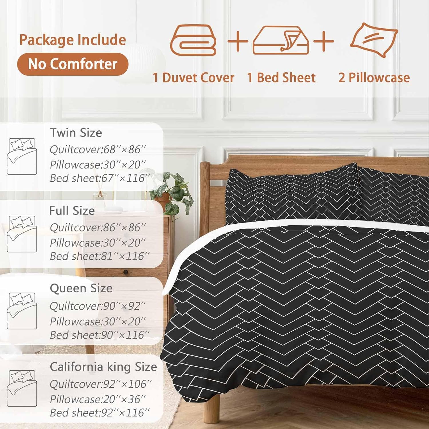Prime Leader Abstract Line Duvet Cover Set Queen Size 4 Pieces Herringbone Black White Modern Simple Bedding Set with Zipper Closure, 1 Comforter Cover 92x106 Inches 1 Flat Sheet & 2 Pillow Cases