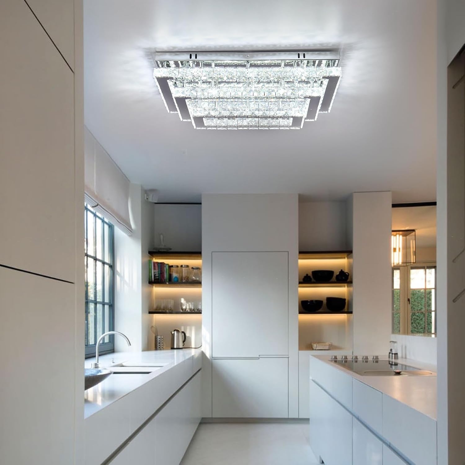 Finktonglan Modern Crystal LED Ceiling Light Fixture 20' Rectangular Flush Mount Chandelier Ceiling Lights 3-Tiers Stainless Steel Ceiling Lamp Fixtures for Living Room Dining Room(6500K Cool White)