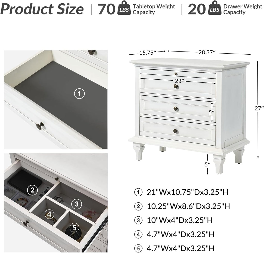 HULALA HOME Farmhouse 3 Drawer End Table with Tray, Drawer Organizer with Solid Wood Legs, End Table with Charging Station（White, Set of 2）