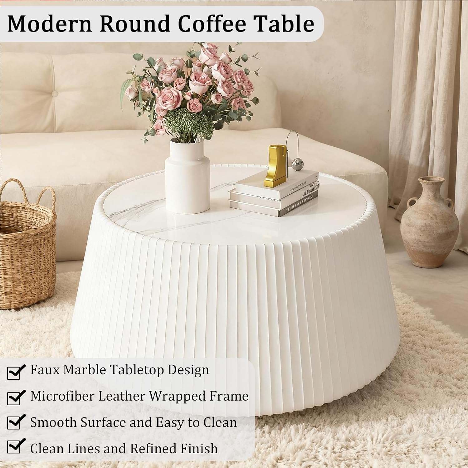 26.77' White Round Coffee Table, Drum Coffee Table with Sintered Stone Tabletop and Fluted PU Leather Covered and Stable Base, Circle Cocktail Tea Table for Living Room