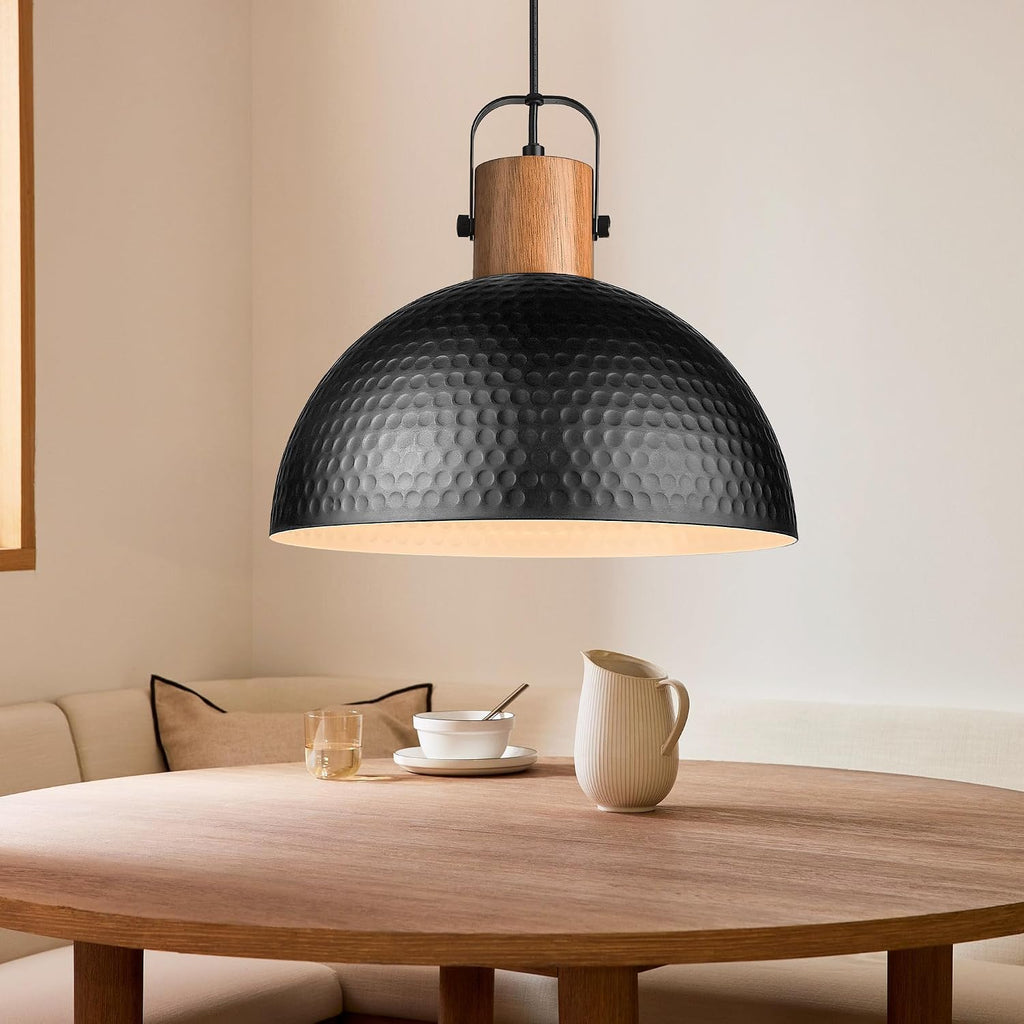 ELYONA 2 Pack Large Ash Wood Hammered Pendant Light Fixtures 16 Inch Metal Dome Ceiling Hanging Lamp, Industrial Kitchen Island Pendant Lighting for Farmhouse, Dining Room,Living Room, Black