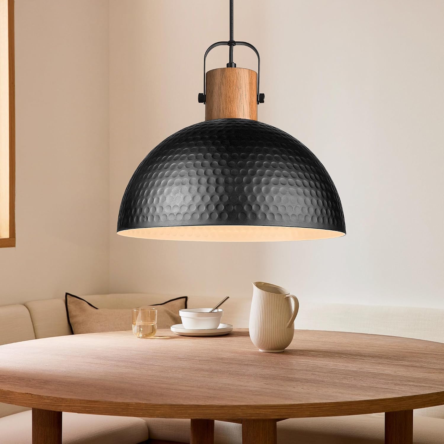ELYONA 2 Pack Large Ash Wood Hammered Pendant Light Fixtures 16 Inch Metal Dome Ceiling Hanging Lamp, Industrial Kitchen Island Pendant Lighting for Farmhouse, Dining Room,Living Room, Black