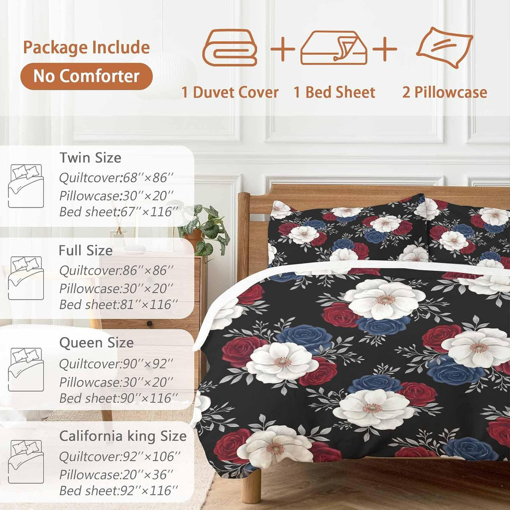 Prime Leader Independence Day Duvet Cover Set Queen Size 4 Pieces Red Blue White Roses Floral Leaf Black Bedding Set with Zipper Closure, 1 Comforter Cover 92x106 Inches 1 Flat Sheet & 2 Pillow Cases