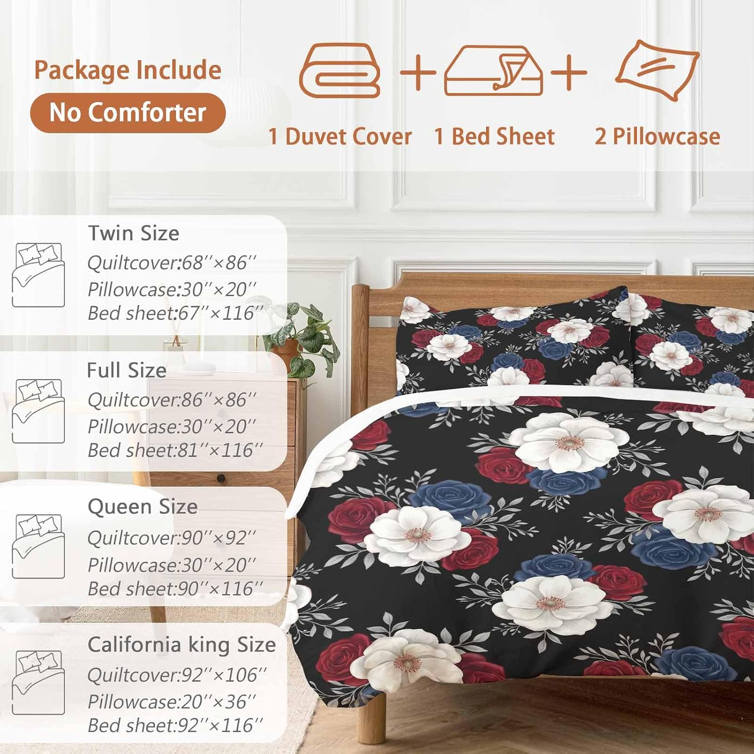 Prime Leader Independence Day Duvet Cover Set Queen Size 4 Pieces Red Blue White Roses Floral Leaf Black Bedding Set with Zipper Closure, 1 Comforter Cover 92x106 Inches 1 Flat Sheet & 2 Pillow Cases
