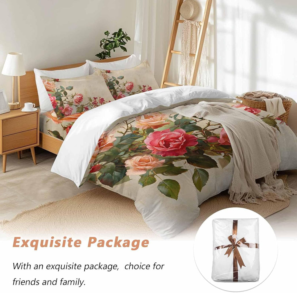 Spring Red Rose Duvet Cover Set Queen Size 4 Pieces Country Watercolor Pink Orange Floral Green Leaf Linen Bedding Set with Zipper Closure, 1 Comforter Cover 90x92 Inches 1 Flat Sheet & 2 Pillow Cases