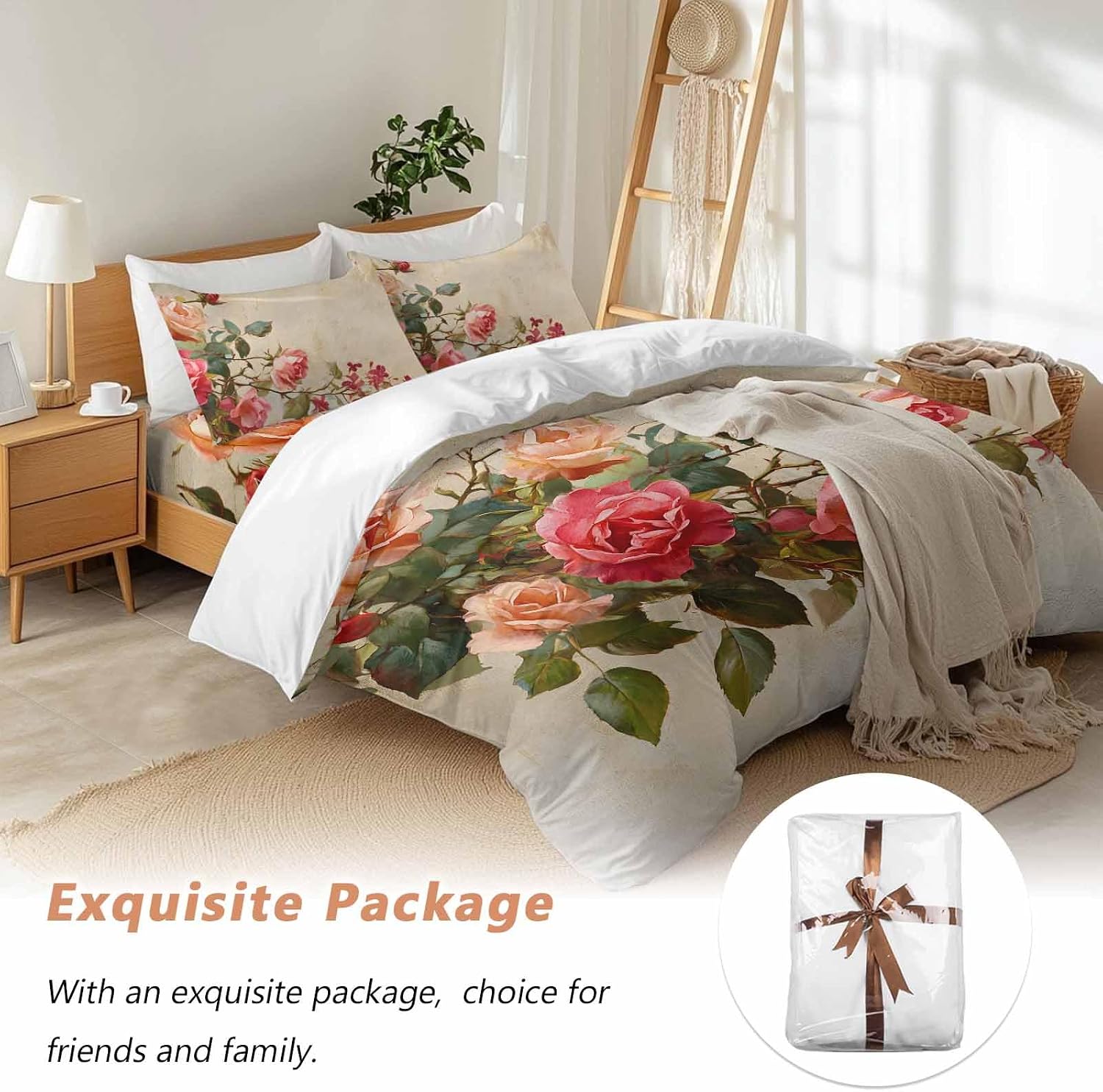 Spring Red Rose Duvet Cover Set Queen Size 4 Pieces Country Watercolor Pink Orange Floral Green Leaf Linen Bedding Set with Zipper Closure, 1 Comforter Cover 90x92 Inches 1 Flat Sheet & 2 Pillow Cases