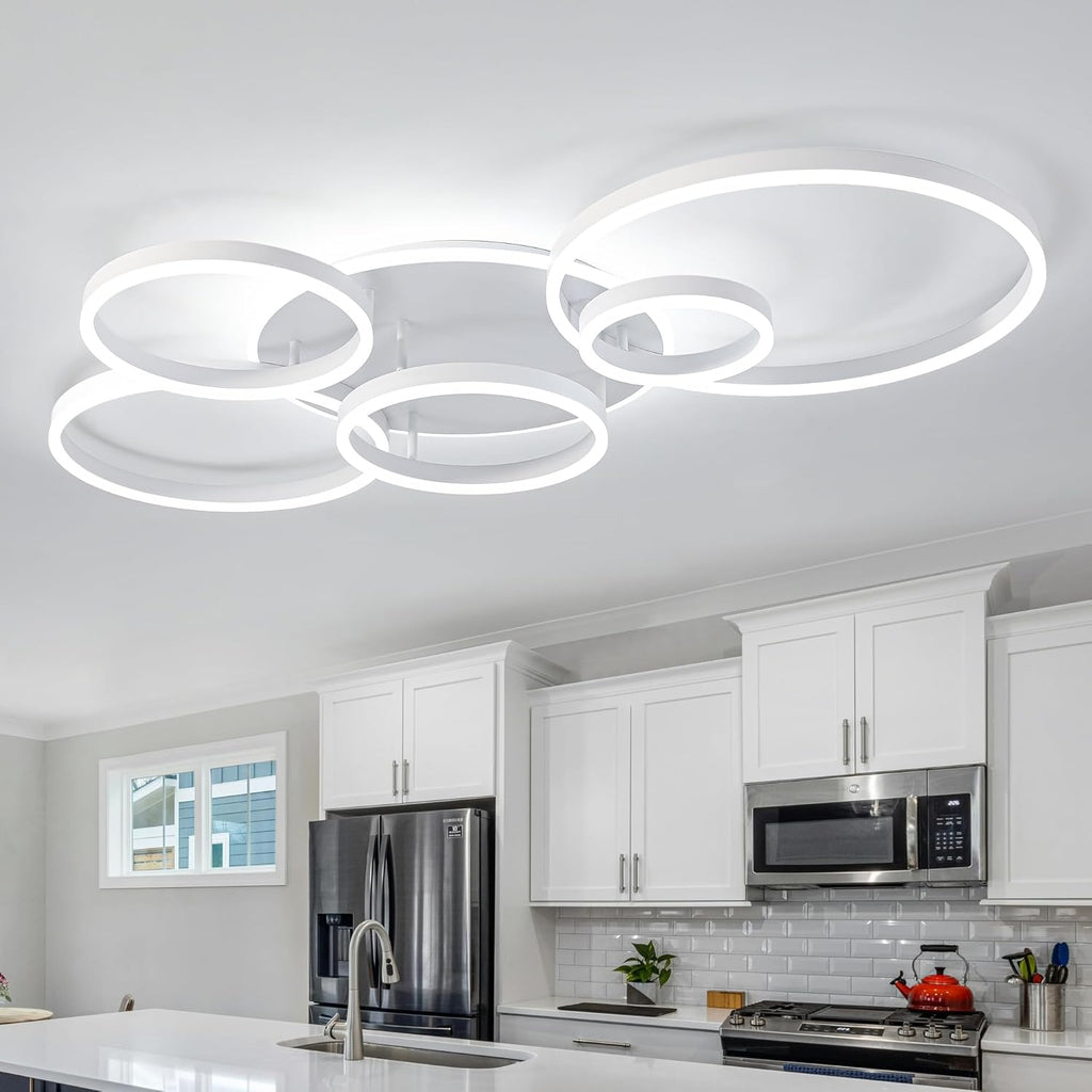 O'NEELDY Modern LED Ceiling Light White Flush Mount Ceiling Lights Fixtures Dimmable 47' Dining Room Light Fixture with Remote 6 Rings Kitchen Lighting Fixtures Ceiling Lamp for Bedroom,Living Room