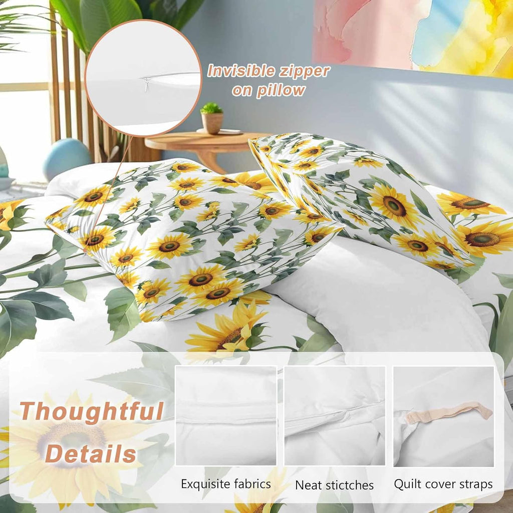 Prime Leader Summer Sunflowers Duvet Cover Set Queen Size 4 Pieces Watercolor Floral White Bedding Set with Zipper Closure, 1 Comforter Cover 92x106 Inches 1 Flat Sheet & 2 Pillow Cases