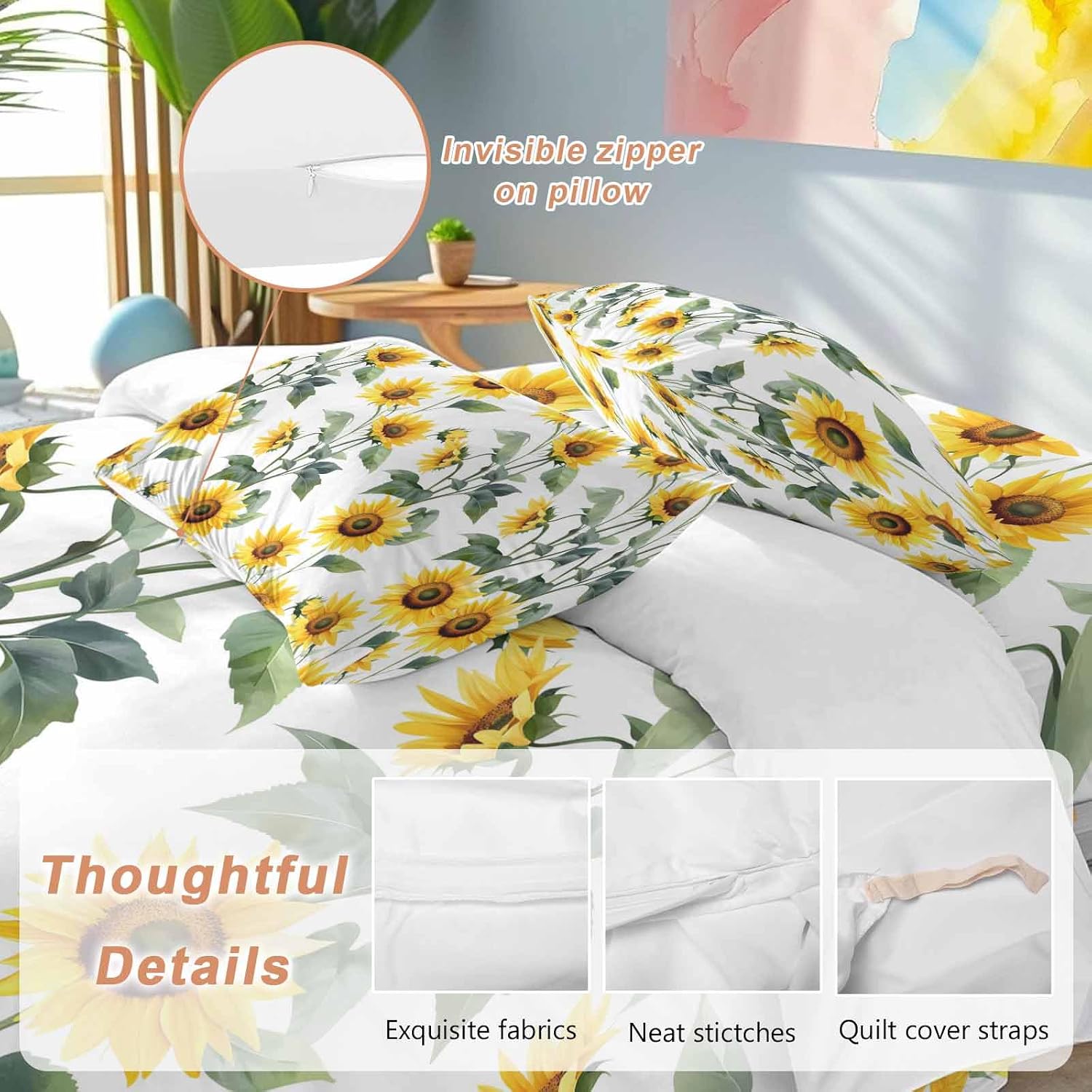 Prime Leader Summer Sunflowers Duvet Cover Set Queen Size 4 Pieces Watercolor Floral White Bedding Set with Zipper Closure, 1 Comforter Cover 92x106 Inches 1 Flat Sheet & 2 Pillow Cases