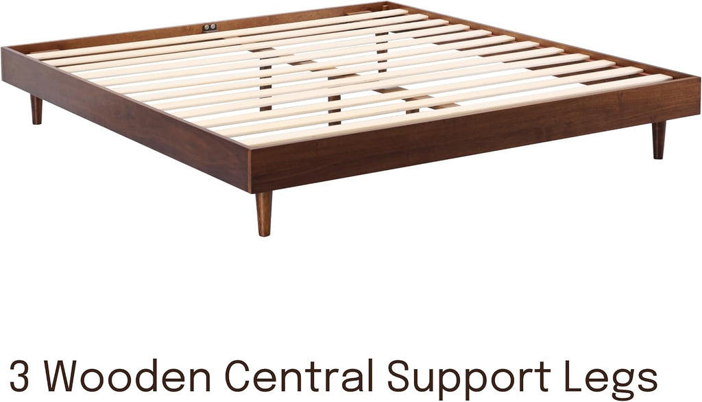NTC Fly Wooden Bed Frame Without Headboard, Crafted from Walnut, Rubber Wood with Silent Slats and Wood Central Supports, 1000 Lb Capacity, Effortless Assembly, Queen - Dark Walnut