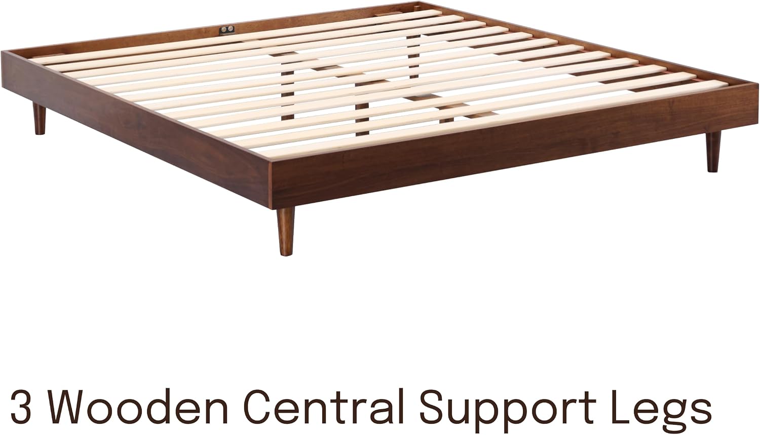 NTC Fly Wooden Bed Frame Without Headboard, Crafted from Walnut, Rubber Wood with Silent Slats and Wood Central Supports, 1000 Lb Capacity, Effortless Assembly, Queen - Dark Walnut