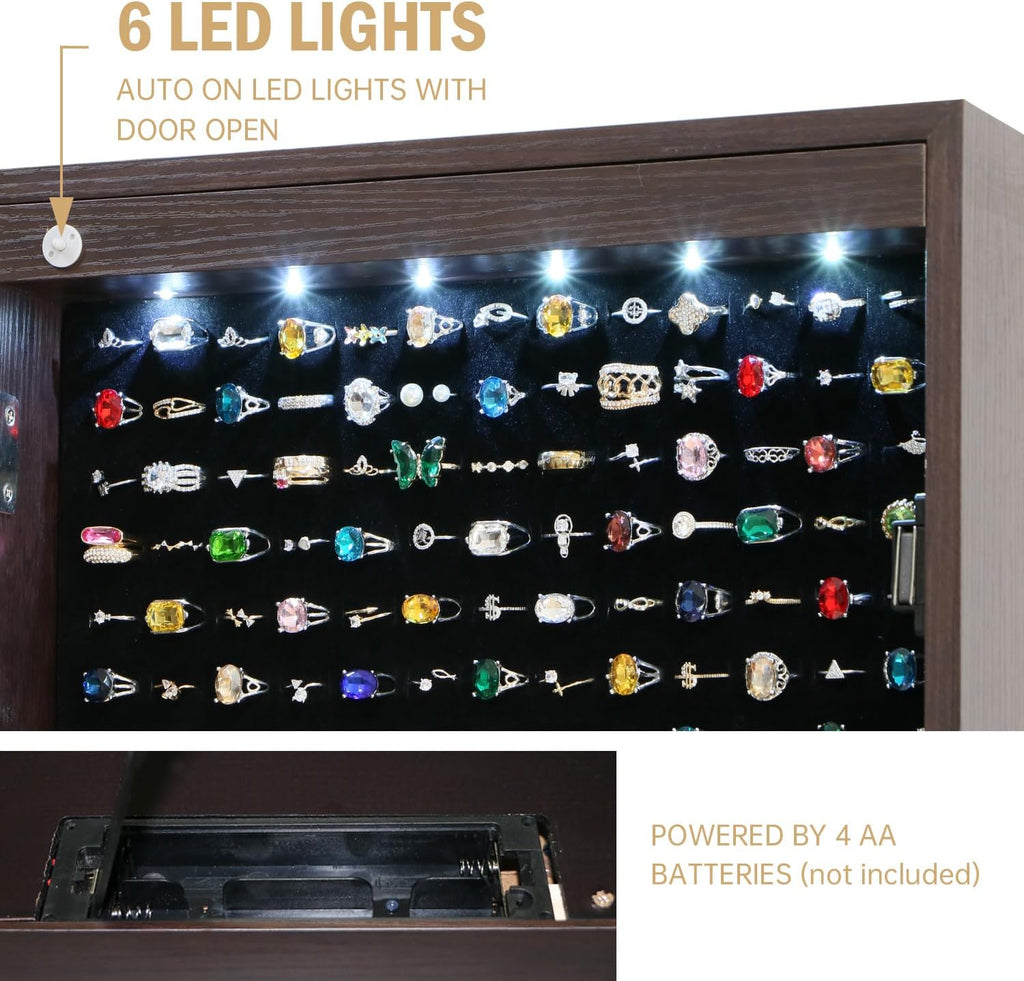Jewelry Armoire Cabinet Organizer Standing with 20 LED Lights Lockable Full Length Mirror with Storage Shelves and 2 Drawers (Brown) Adjustable Tilt Angles Gift for Her