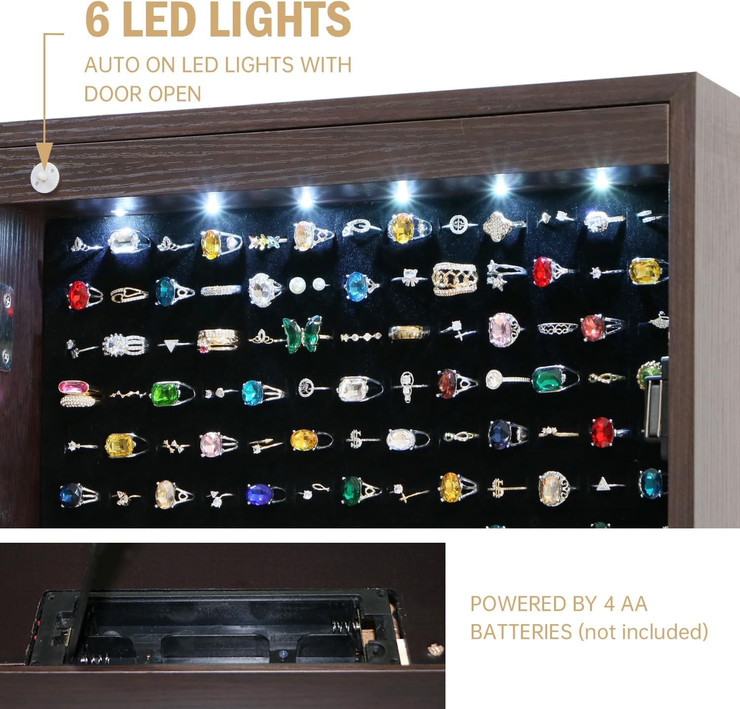 Jewelry Armoire Cabinet Organizer Standing with 20 LED Lights Lockable Full Length Mirror with Storage Shelves and 2 Drawers (Brown) Adjustable Tilt Angles Gift for Her