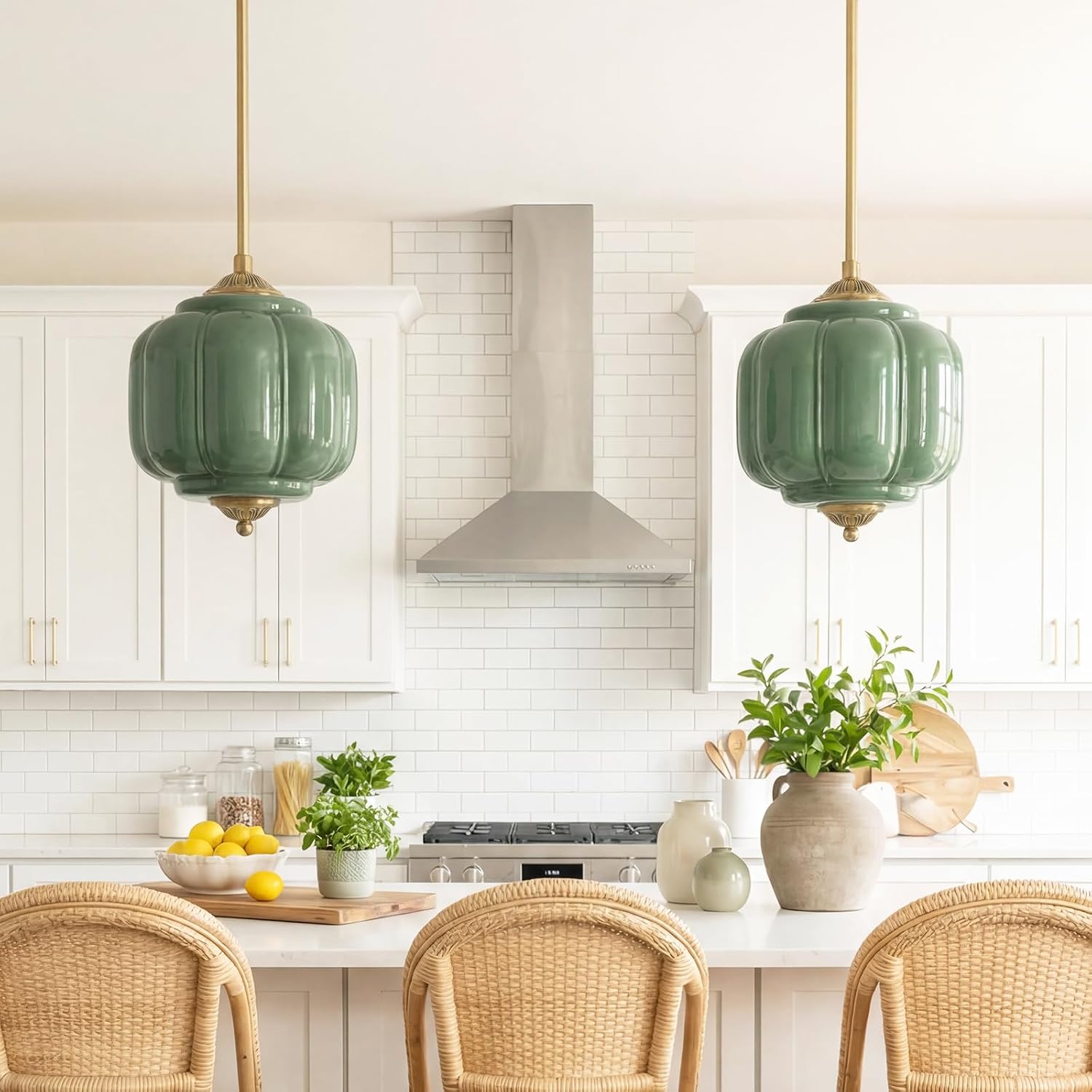 Milk Glass Ceiling Light Fixture - Antique Brass Semi Flush Mount Pendant Light for Kitchen, Hallway, and Bedroom (Green, 9 inch)