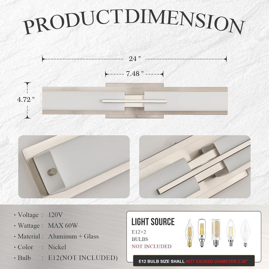 VitaLink 24' Bathroom Vanity Light, Satin Nickel 2-Light Frosted Glass Wall Lights for Bathroom Hardwired Wall Mount Lighting Fixtures for Living Room Bedroom E12