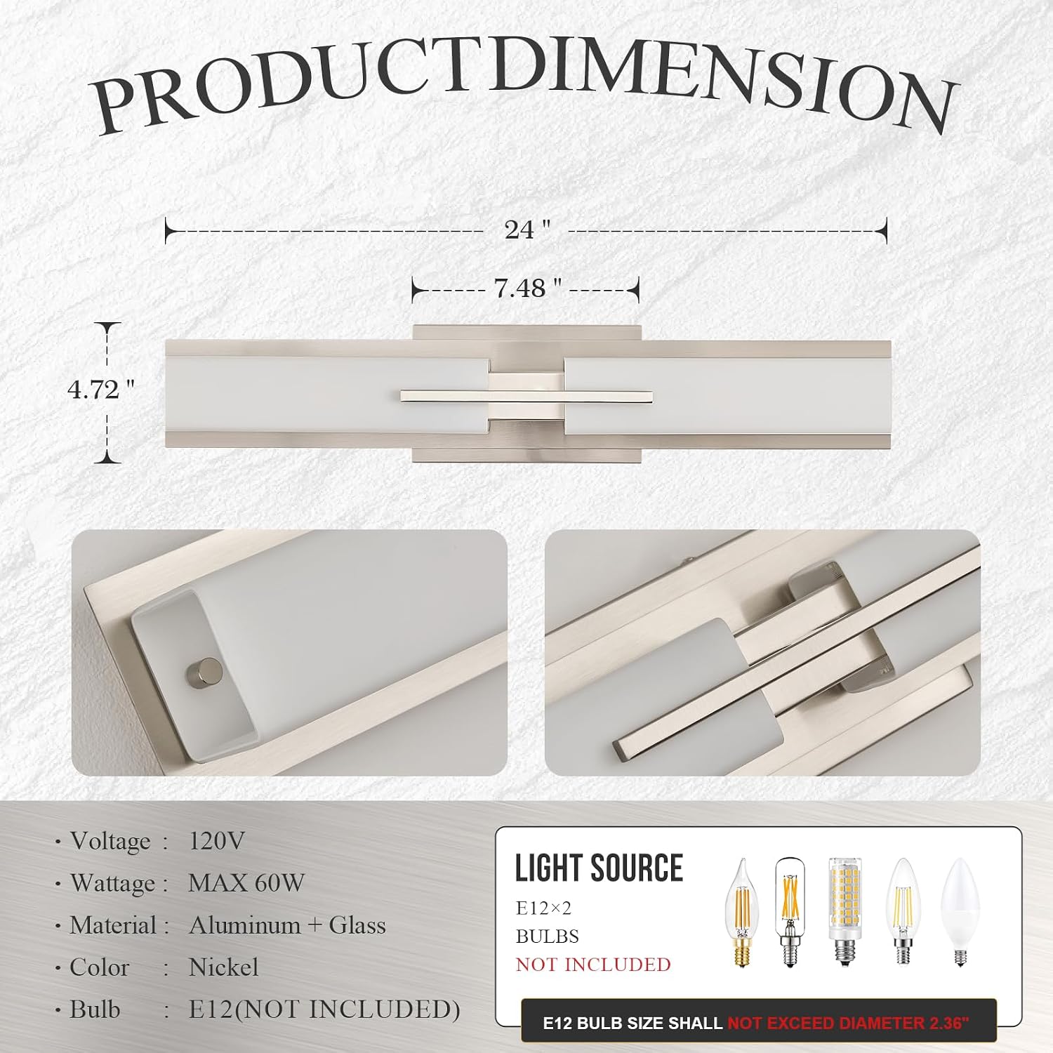 VitaLink 24' Bathroom Vanity Light, Satin Nickel 2-Light Frosted Glass Wall Lights for Bathroom Hardwired Wall Mount Lighting Fixtures for Living Room Bedroom E12