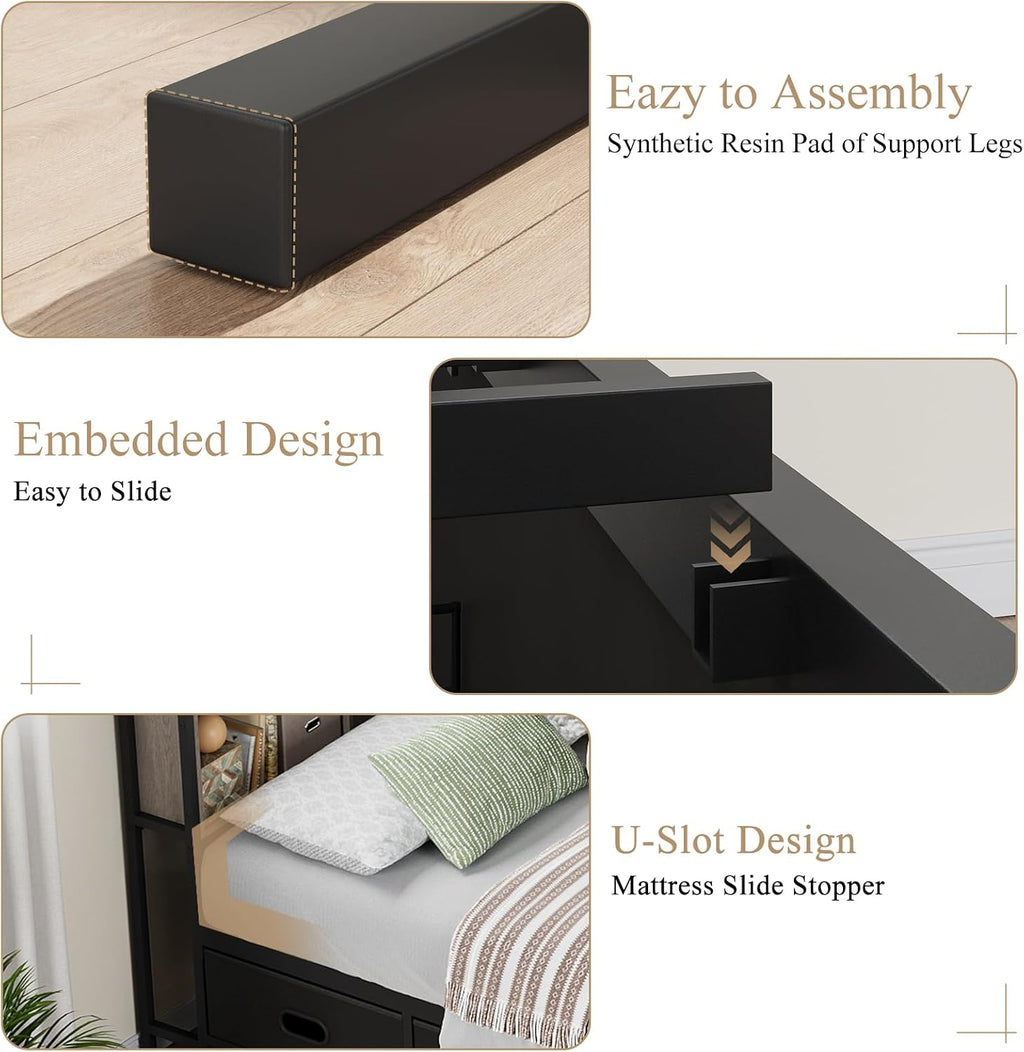 Full Size Corner Bed Frame with LED Lights, Charging Station & 8-Bookcase Headboard, Metal Platform Corner Bed with 4 Storage Drawers, Full Daybed for Kids Teens Guests, Gray