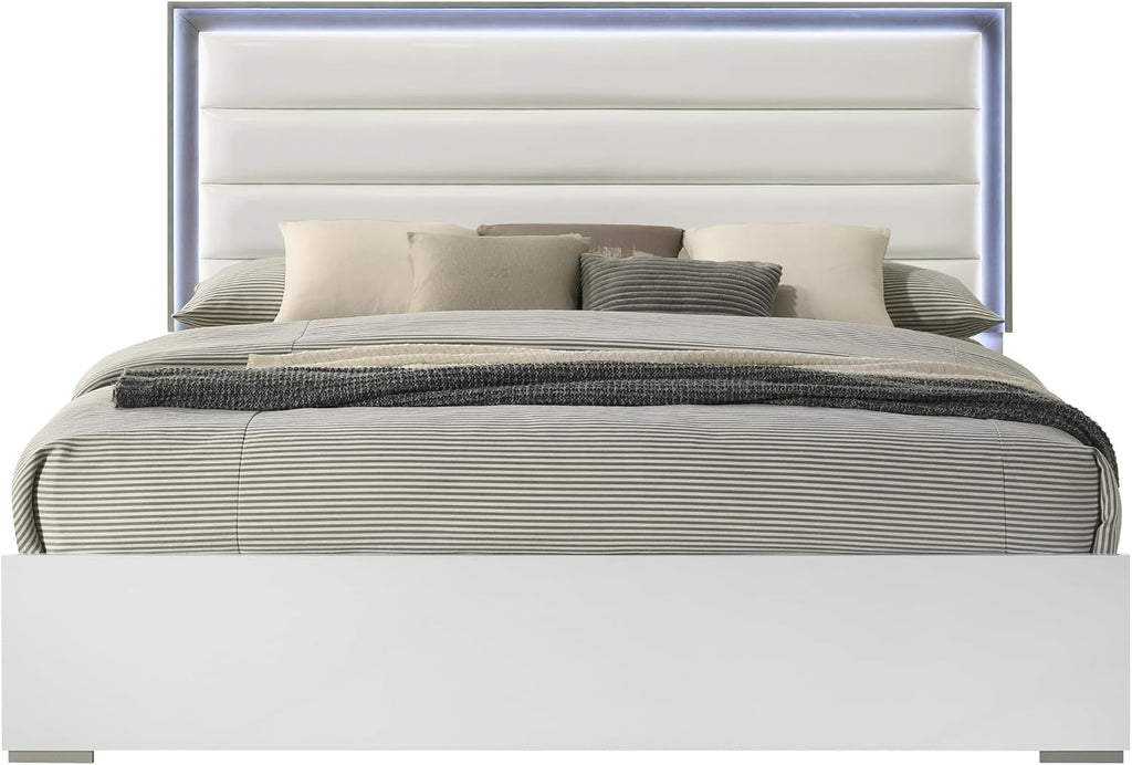 Contemporary Style 4 Pc Full Bedroom Set with LED Headboard Made with Wood in White
