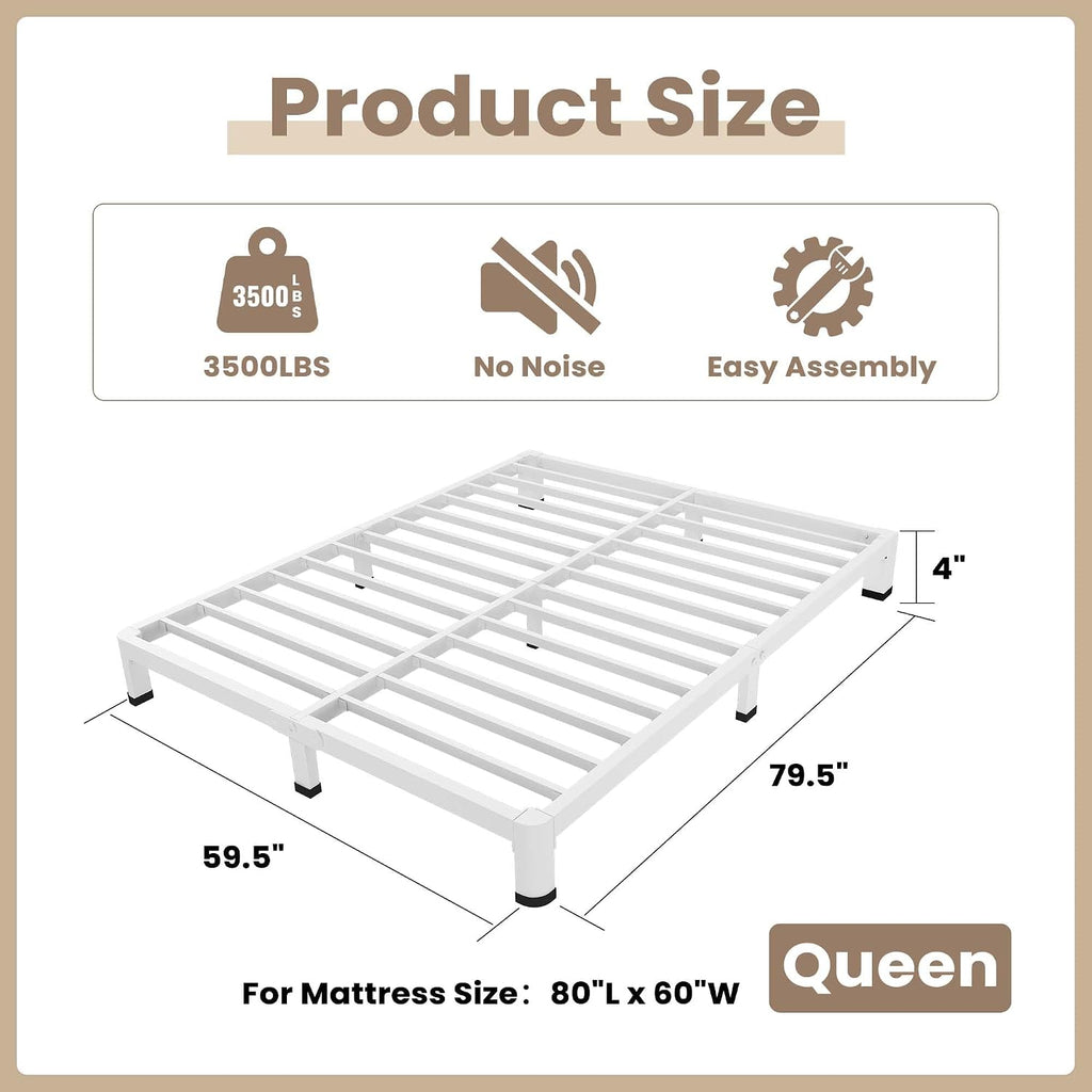 ROIL 4 Inch White Queen Bed Frame with Rounded Corner and Mattress Retainers, 3500LBS Heavy Duty Steel Slats No Box Spring Needed Platform Noise-Free Easy Assembly