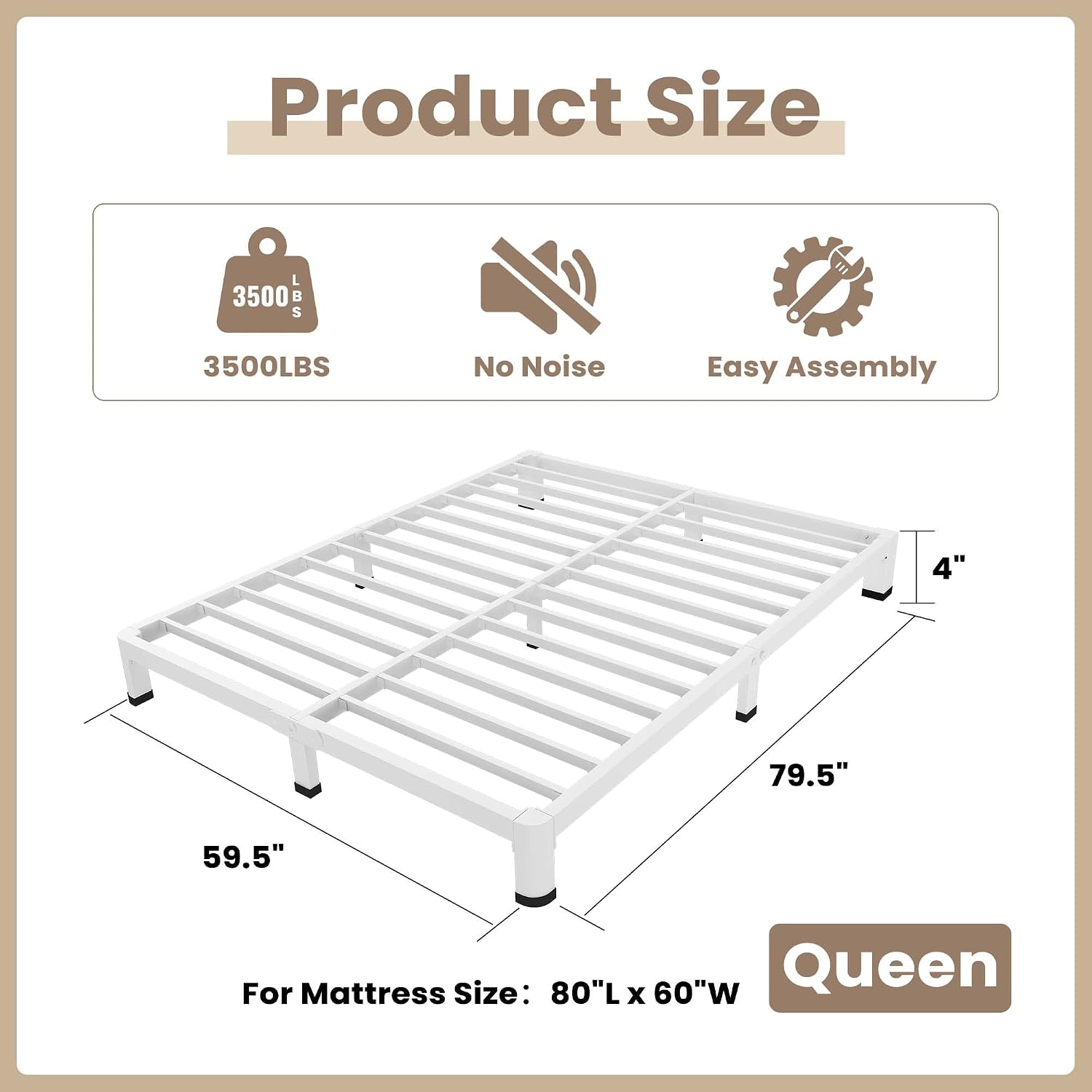 ROIL 4 Inch White King Bed Frame with Rounded Corner and Mattress Retainers, 3500LBS Heavy Duty Steel Slats No Box Spring Needed Platform Noise-Free Easy Assembly