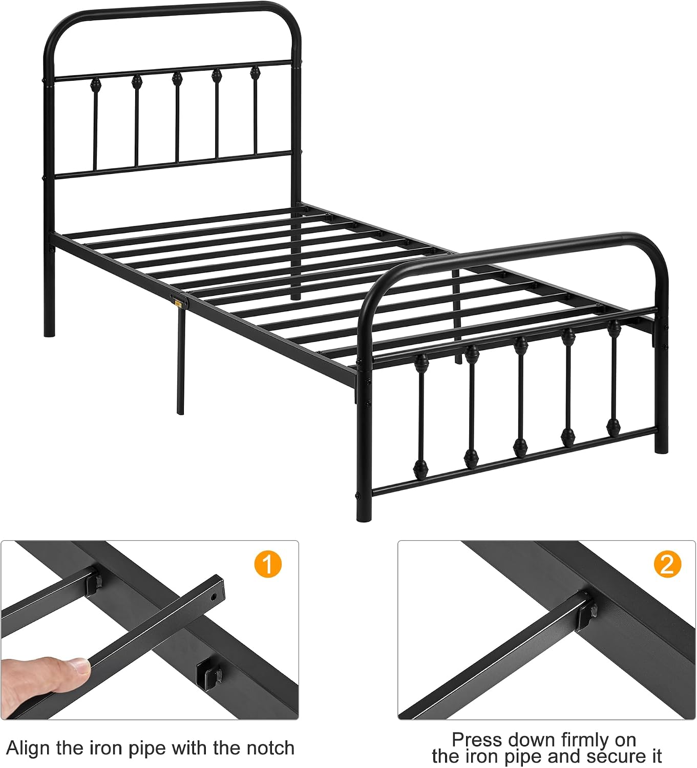 VECELO Twin Size Victorian Style Metal Bed Frame with Headboard Classic Metal Platform Bed Frame Mattress Foundation with Footboard/Under Bed Storage/No Box Spring Classic Black 2 Set