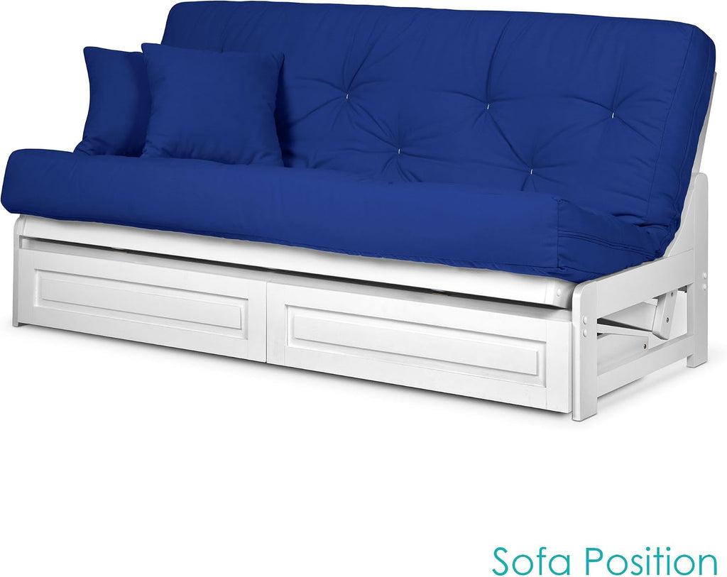 Nirvana Futons Arden White Futon with Bottom Storage Drawers (Queen Size) - Mattress Included (Twill Royal Blue), More Color Options Available