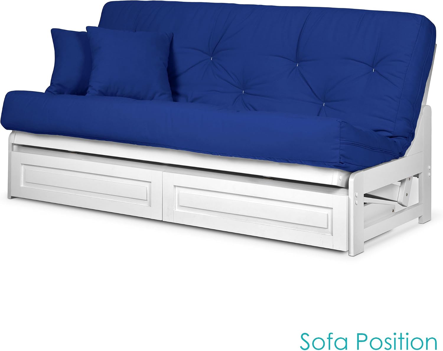 Nirvana Futons Arden White Futon with Bottom Storage Drawers (Queen Size) - Mattress Included (Twill Royal Blue), More Color Options Available