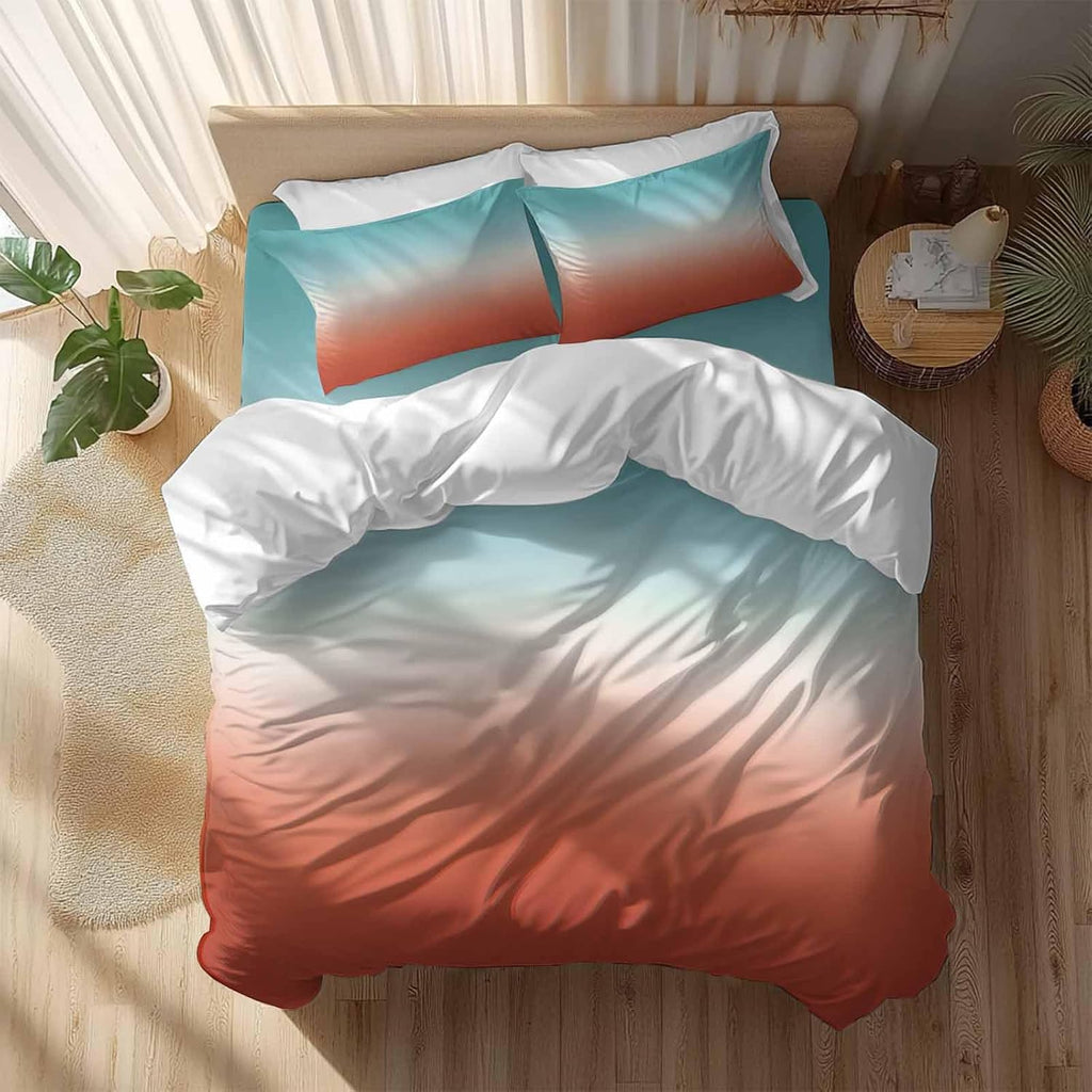 Gradient Orange Duvet Cover Set Queen Size 4 Pieces Modern Minimalist Green Orange Red Ocean Beach Bedding Set with Zipper Closure, 1 Comforter Cover 90x92 Inches 1 Flat Sheet & 2 Pillow Cases