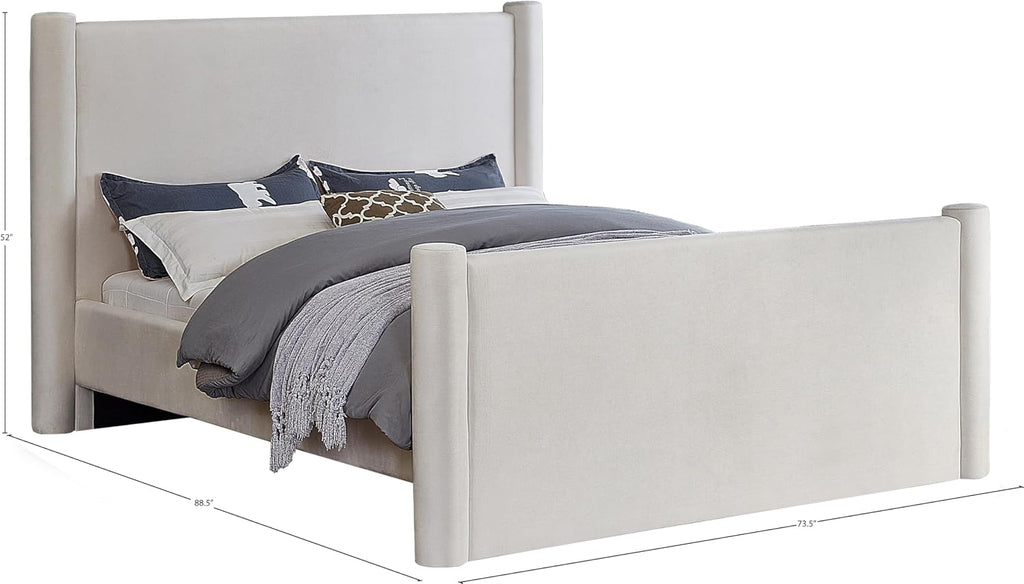 Meridian Furniture B1298Cream-Q Elias Collection Modern | Contemporary Queen Bed with Soft Cream Velvet, Solid Wood Inner Frame, 73.5' W x 88.5' D x 52' H, Cream, Queen