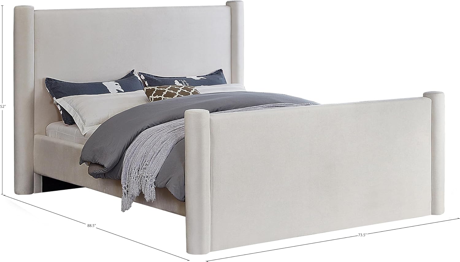 Meridian Furniture B1298Cream-Q Elias Collection Modern | Contemporary Queen Bed with Soft Cream Velvet, Solid Wood Inner Frame, 73.5' W x 88.5' D x 52' H, Cream, Queen