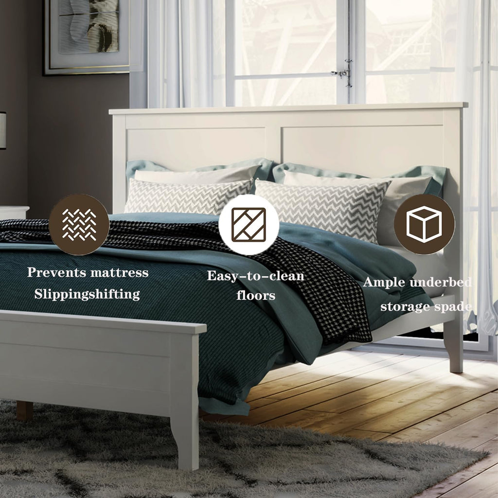12 Inch Deluxe Full Size Bed Frame with Headboard, Mid Century Retro Style Brown Wood Platform Beds Frames, No Box Spring Needed, 13 Strong Wooden Slat Support, Easy Assembly (White, Full)
