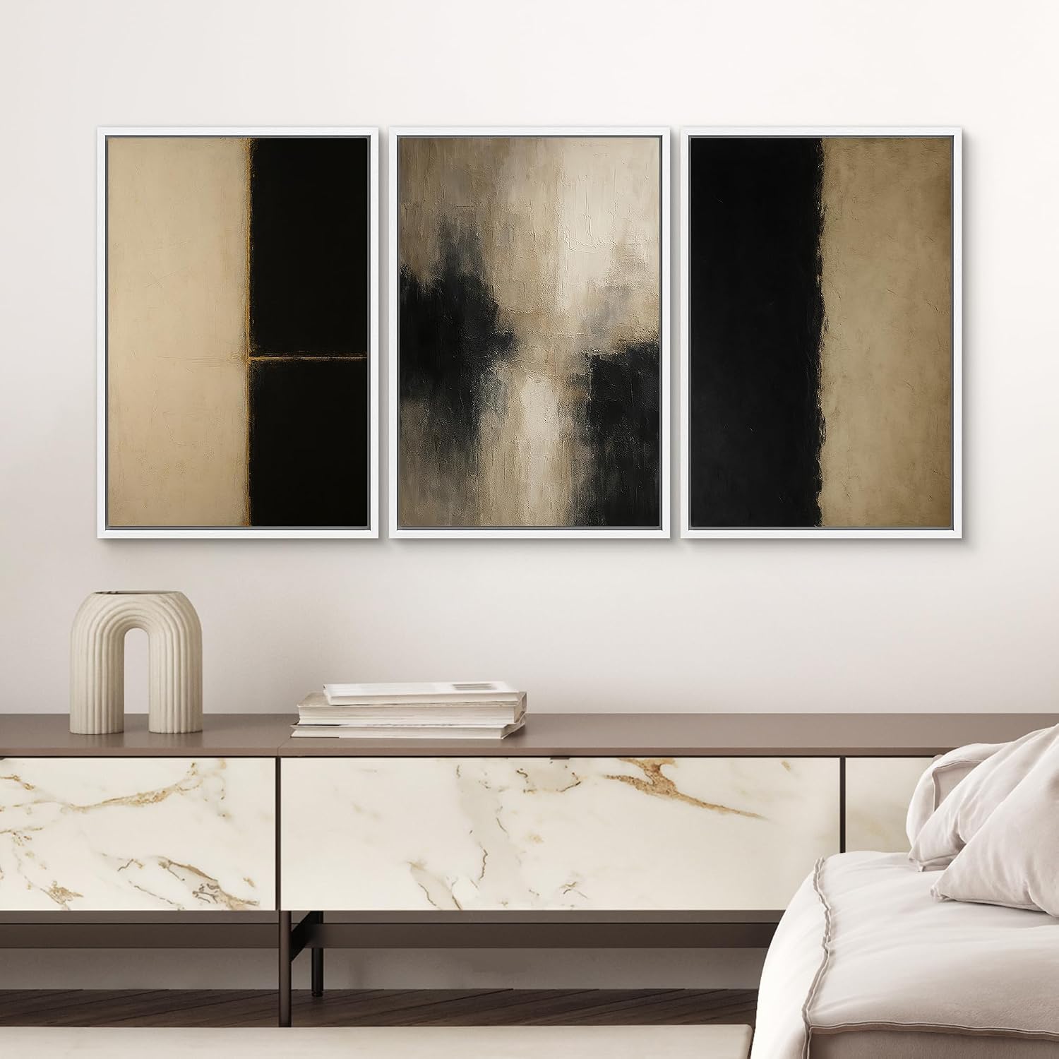 SIGNWIN Framed Canvas Print Wall Art Set Minimalist Neutral Abstract Beige and Black Illustrations Modern Art Contemporary Minimal Ultra for Living Room, Bedroom, Office - 16'x24'x3 White