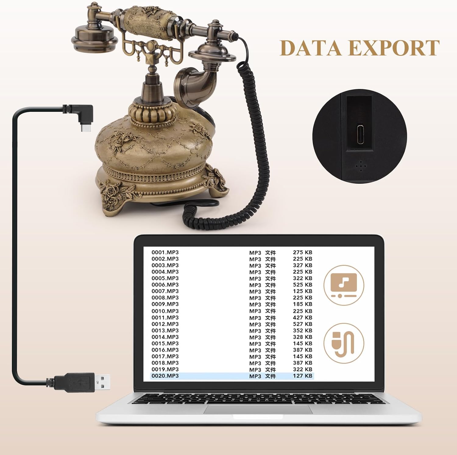 Audio Guest Book Phone, 32G Capacity Vintage Audio GuestBook Wedding Phone, Retro Audio Telephone Recording Customized Voice Message for Your Wedding Party, Bronze