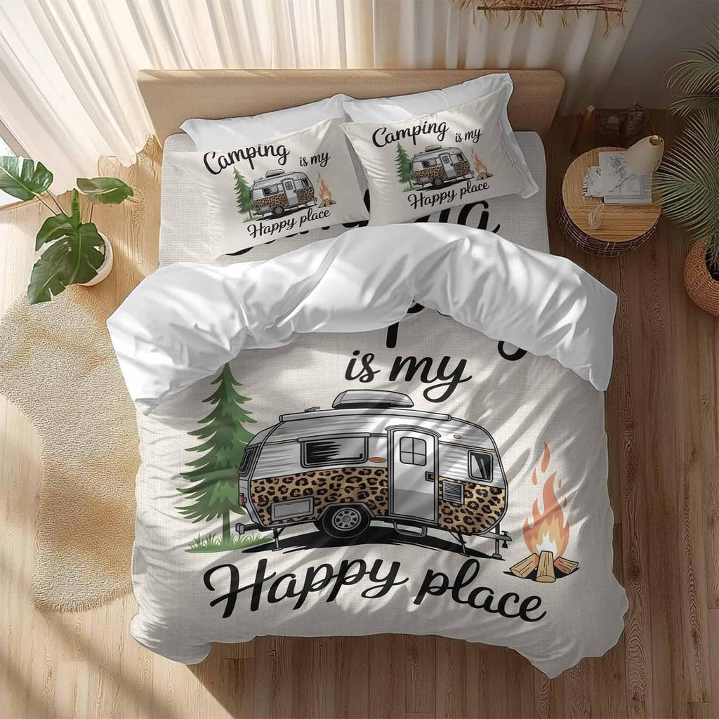 Prime Leader Camping is My Happy Place Duvet Cover Set Queen Size 4 Pieces Leopard RV Vintage Linen Bedding Set with Zipper Closure, 1 Comforter Cover 92x106 Inches 1 Flat Sheet & 2 Pillow Cases