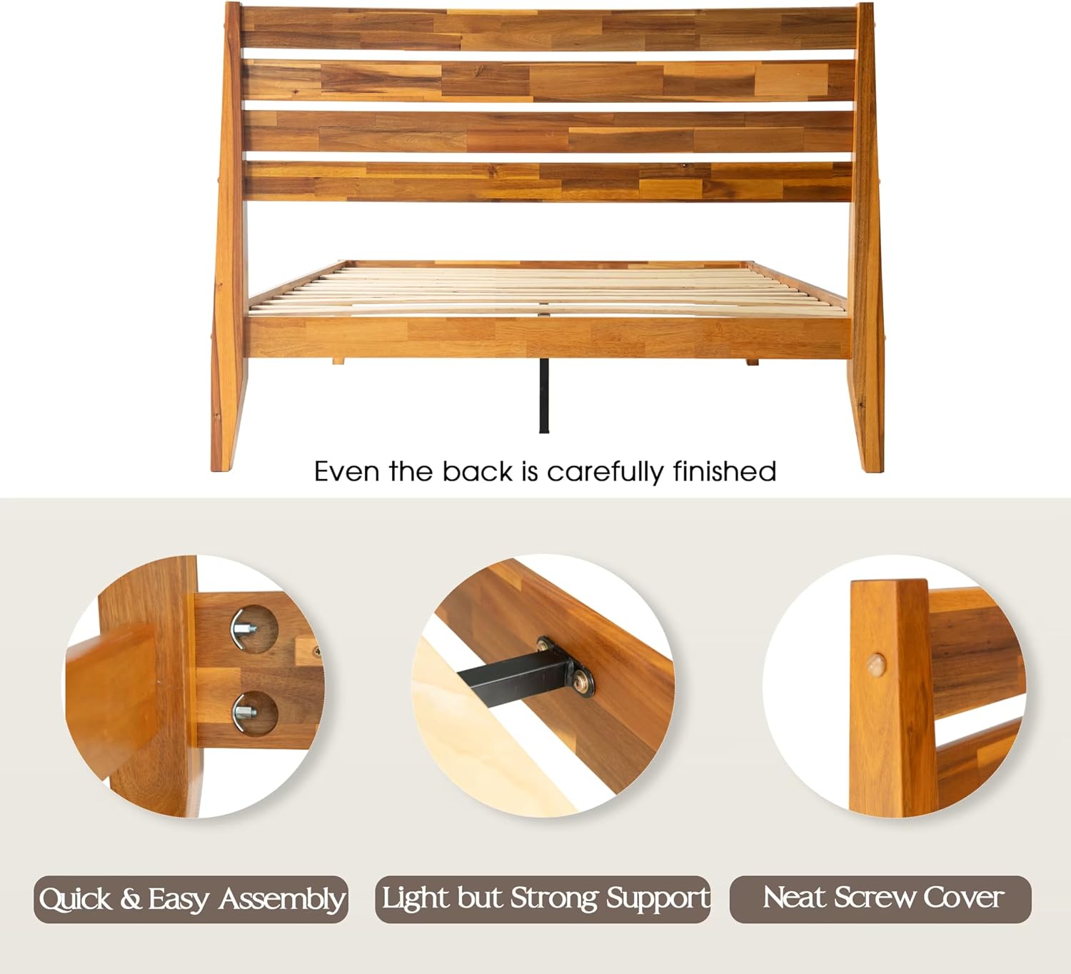 Full Size Platform Bed Frame with Solid Wood Headboard & Footboard, 12 Durable Slatted Base with Center Metal Legs, No Box Spring Needed, Anti-Noise & Slip-Free, Acacia Honey Finish. RKF-38