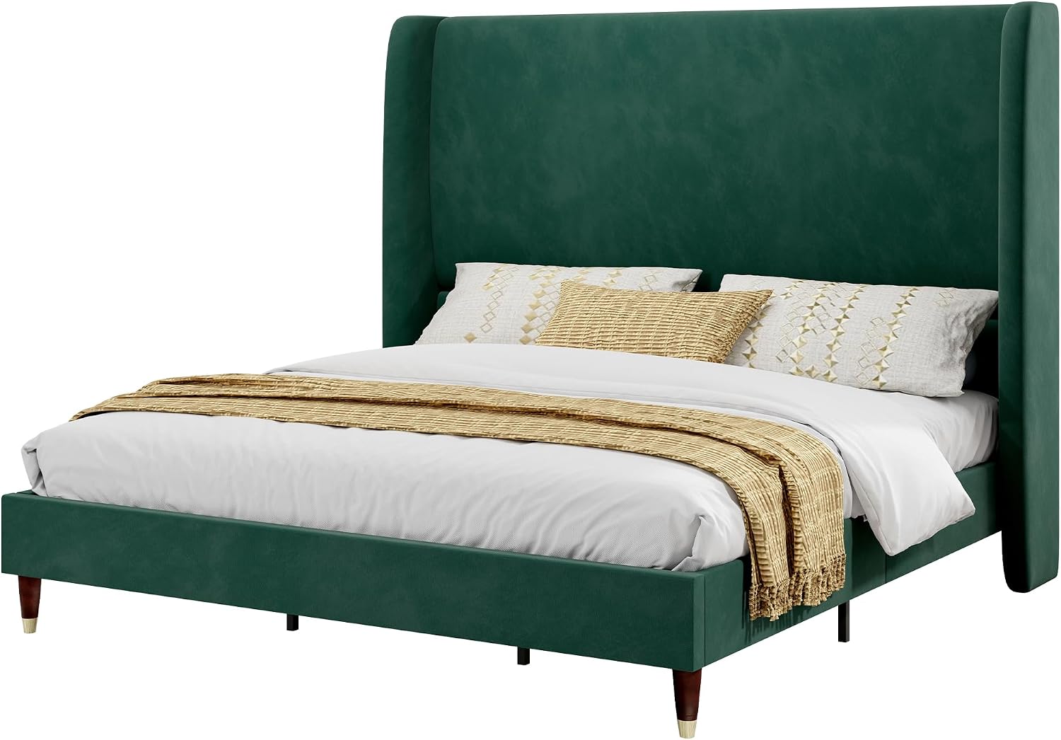PaPaJet King Bed Frame with 51.2' Tall Wingback Headboard,Velvet Upholstered Platform Bed,Solid Wood Legs,No Box Spring Needed,Noise-Free&Easy Assembly,for Master Bedroom & Luxury Home,Green