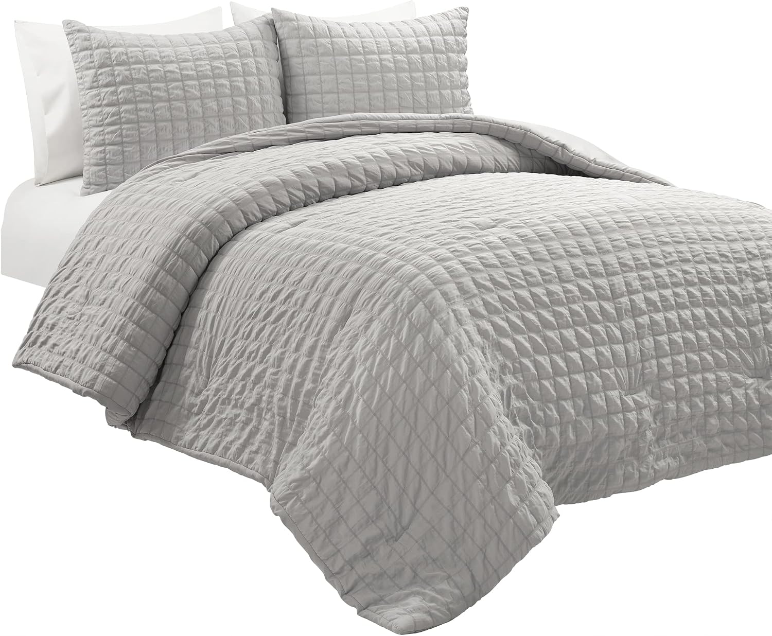 Lush Decor Crinkle Textured Dobby 3 Piece Comforter Set, King, Light Gray