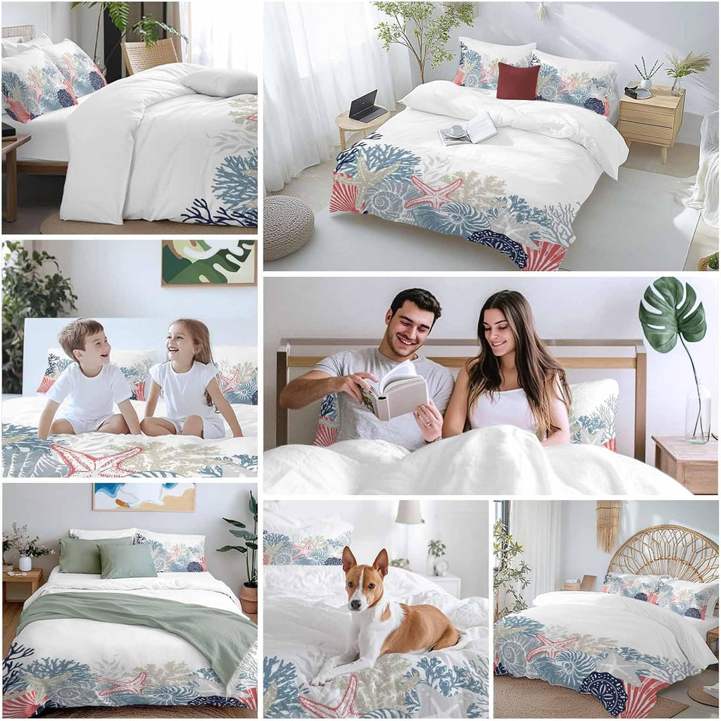 Summer Marine Life Duvet Cover Set Queen Size 4 Pieces Ocean Coral Coastal Starfish Blue Conch Bedding Set with Zipper Closure, 1 Comforter Cover 92x106 Inches 1 Flat Sheet & 2 Pillow Cases