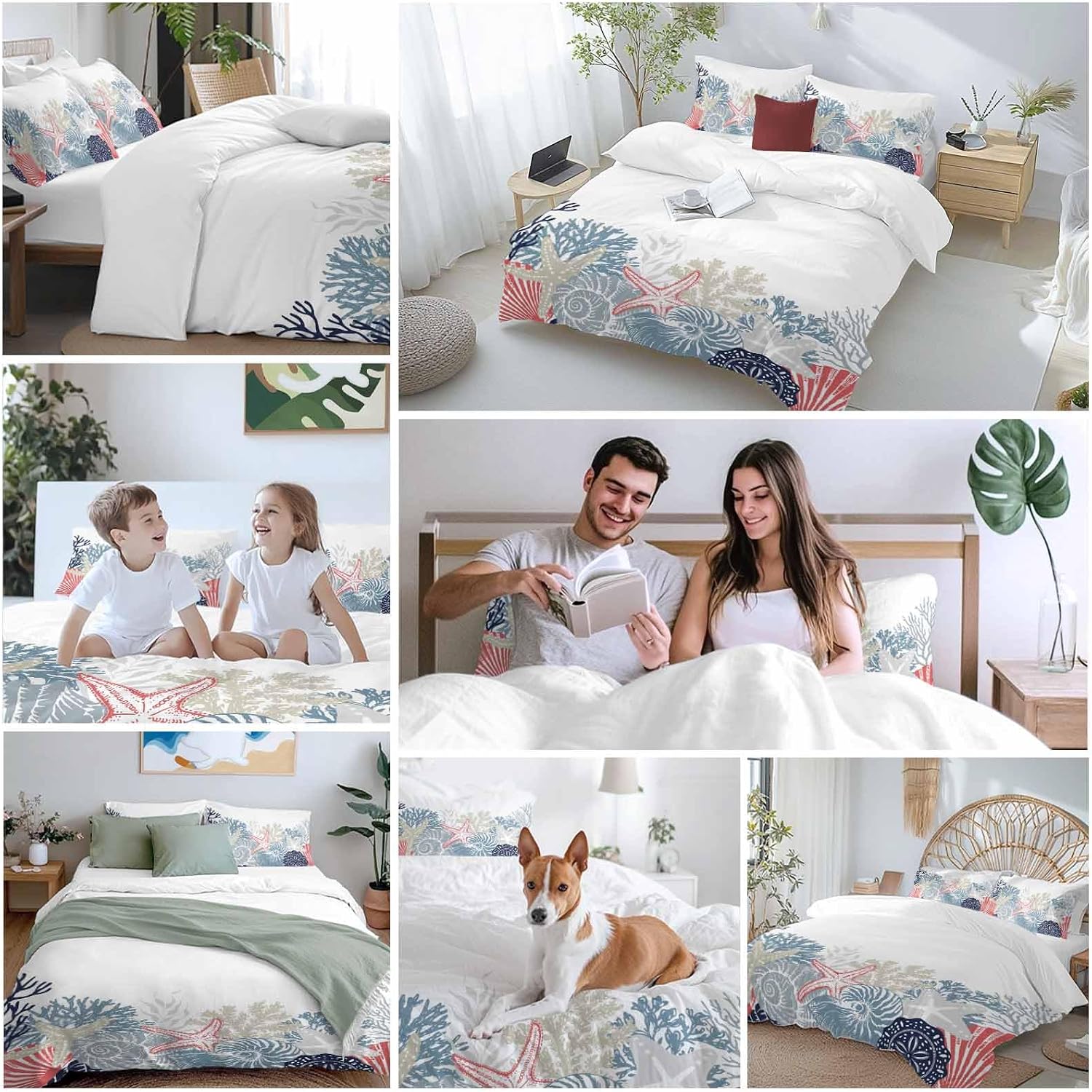 Summer Marine Life Duvet Cover Set Queen Size 4 Pieces Ocean Coral Coastal Starfish Blue Conch Bedding Set with Zipper Closure, 1 Comforter Cover 92x106 Inches 1 Flat Sheet & 2 Pillow Cases