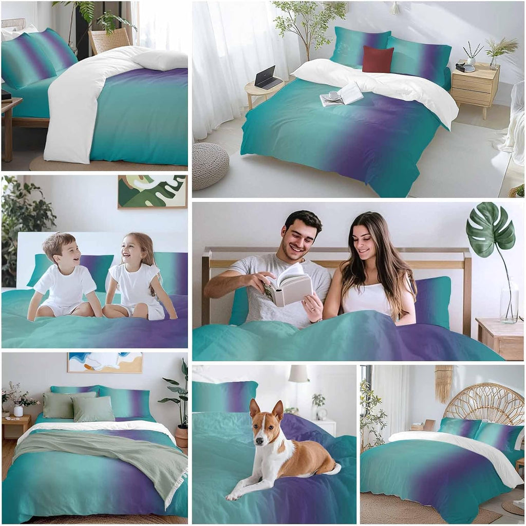 Gradient Green Purple Duvet Cover Set Queen Size 4 Pieces Modern Abstract Minimalist Teal Ocean Beach Bedding Set with Zipper Closure, 1 Comforter Cover 86x86 Inches 1 Flat Sheet & 2 Pillow Cases