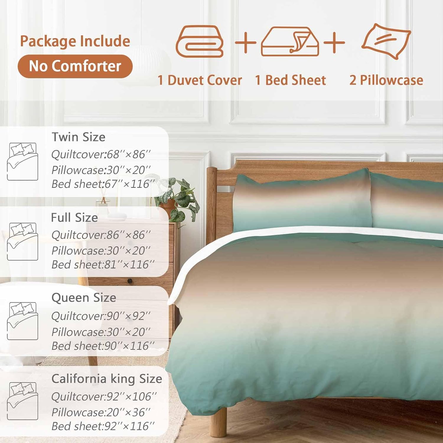 Prime Leader Gradient Green Duvet Cover Set Queen Size 4 Pieces Modern Minimalist Green Brown Ocean Beach Bedding Set with Zipper Closure, 1 Comforter Cover 86x86 Inches 1 Flat Sheet & 2 Pillow Cases