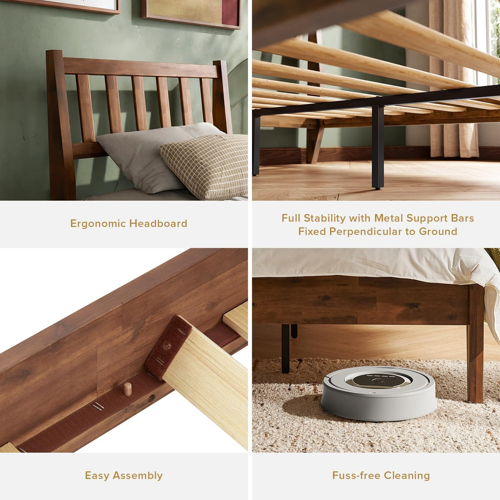 mopio Ted Bed Frame with Headboard, Mid Century Modern Acacia Solid Wood Platform Bed Frame, Wooden Slats, No Box Spring, Double Metal Bar Support (Solid Wood Slatted, Full)