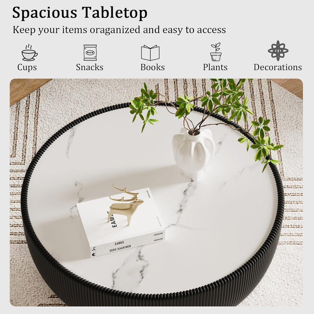 Round Living Room Table Set, 27.56' Black Drum Center Table and 19.69' Grey Coffee Table Set, 2 Pieces Coffee Table Set with Sintered Stone Tabletop, Fluted PU Leather Covered and Metal Base