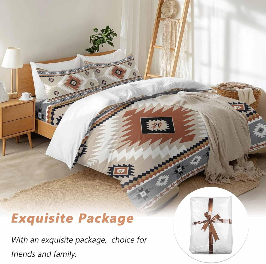 Aztec Southwestern Duvet Cover Set Queen Size 4 Pieces Ethnic Tribal Style Geometric Orange Khaki Bedding Set with Zipper Closure, 1 Comforter Cover 92x106 Inches 1 Flat Sheet & 2 Pillow Cases