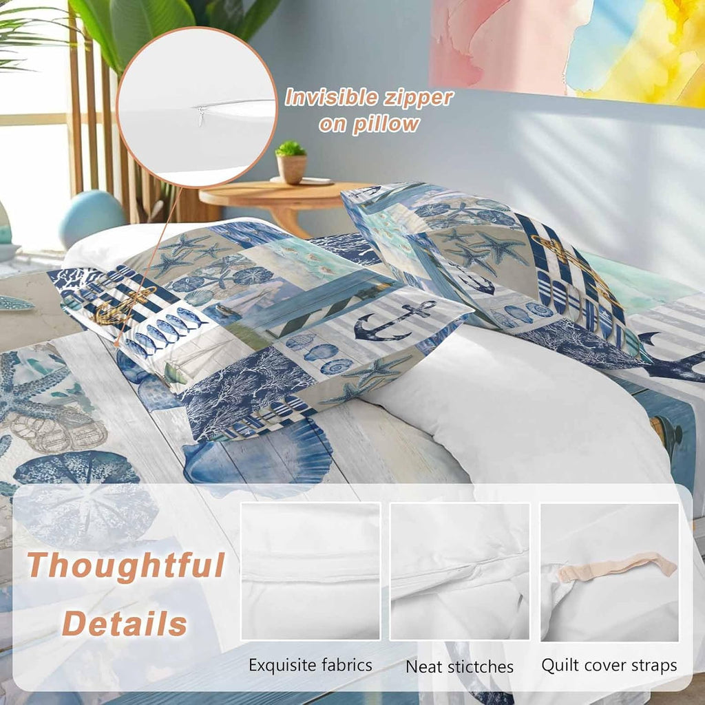 Summer Nautical Duvet Cover Set Queen Size 4 Pieces Blue Starfish Shells Anchor Boat Patchwork Bedding Set with Zipper Closure, 1 Comforter Cover 92x106 Inches 1 Flat Sheet & 2 Pillow Cases
