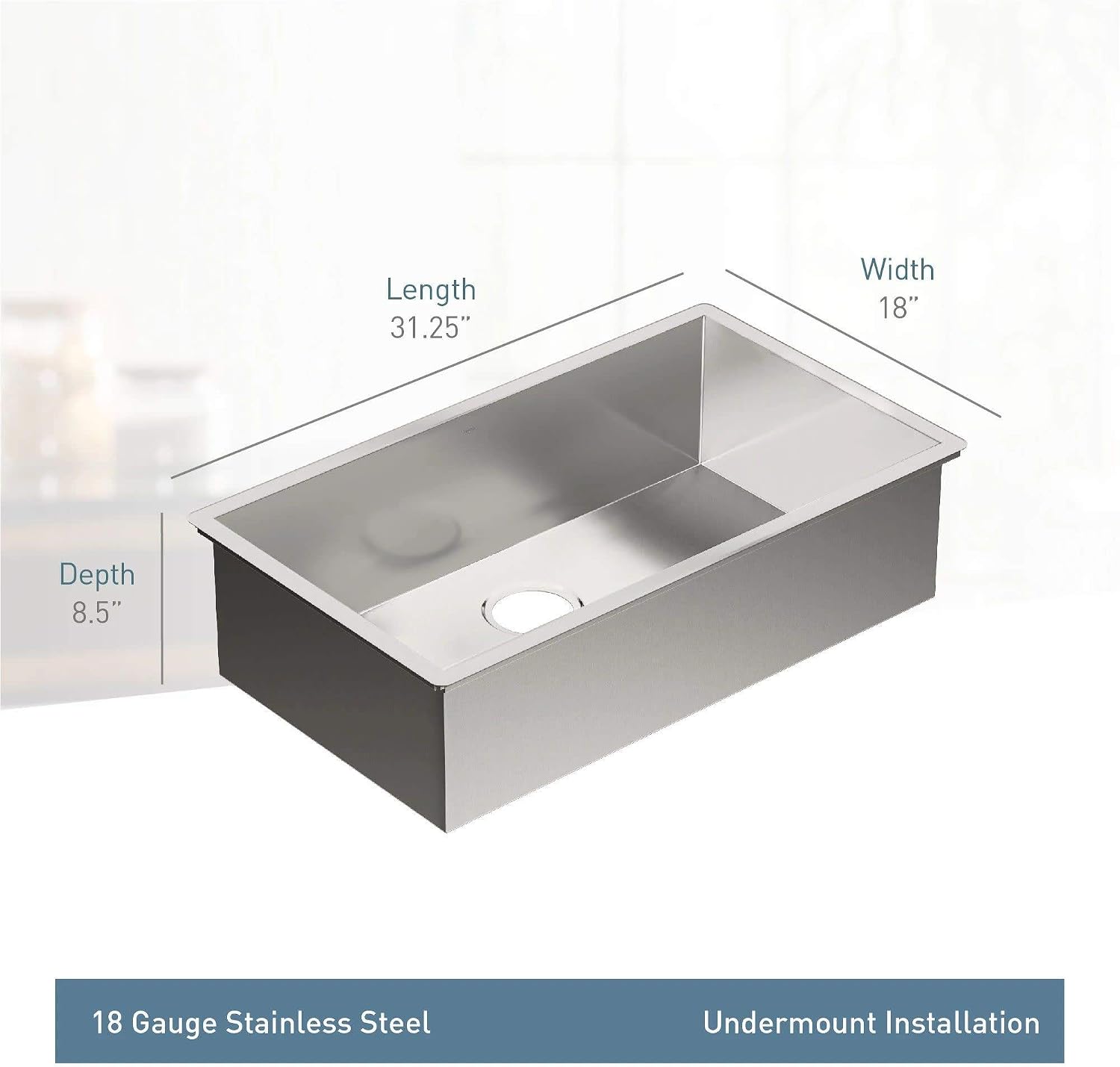 Moen G18180 Prep 18-Gauge Steel Undermount Single Bowl Kitchen Sink, 31-Inch x 18-Inch, Stainless Steel