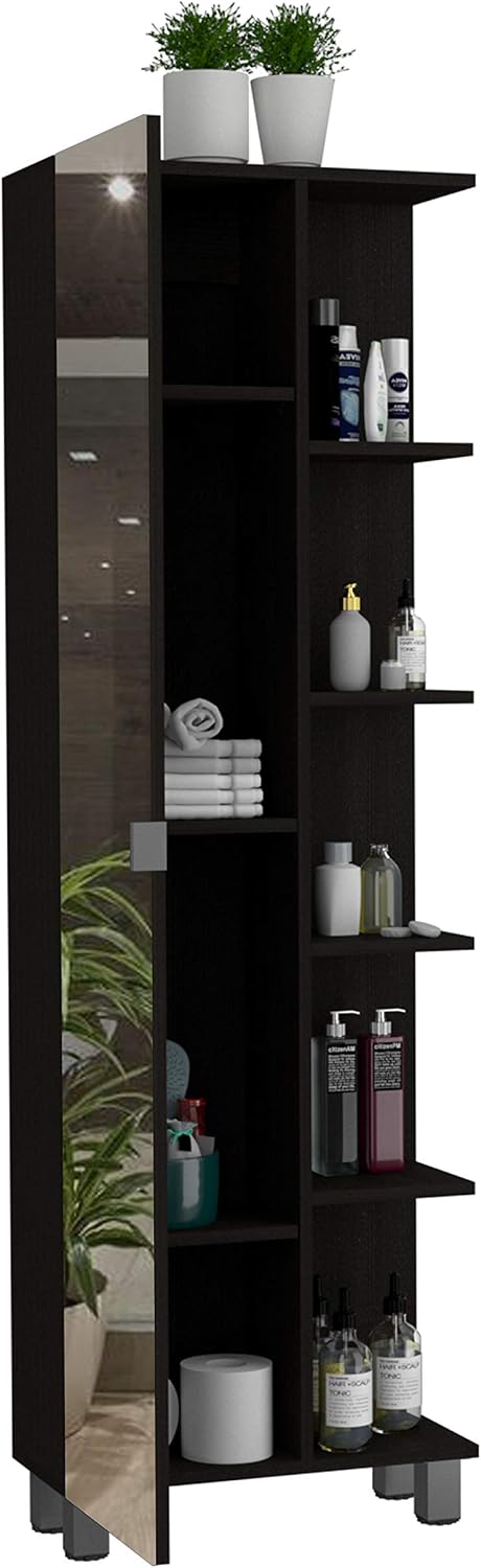 FM FURNITURE Los Angeles Mirror Linen Cabinet with 5 Open Shelves and 4 Inner Shelves, Black