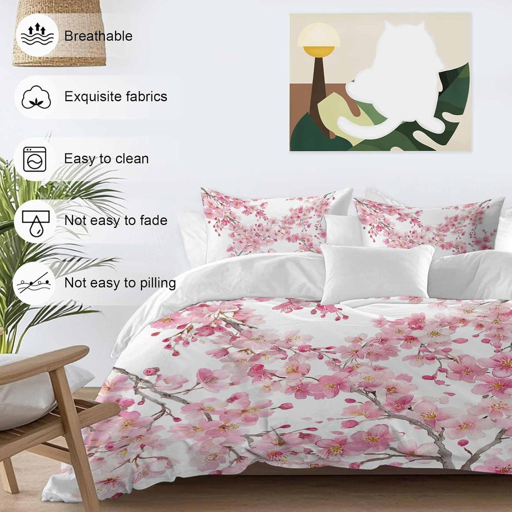 Spring Cherry Blossoms Duvet Cover Set Queen Size 4 Pieces Pink Flowers Branch Watercolor Plant Bedding Set with Zipper Closure, 1 Comforter Cover 86x86 Inches 1 Flat Sheet & 2 Pillow Cases