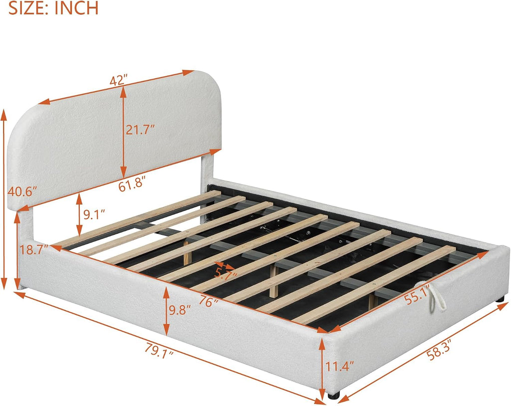 Upholstered Platform Bed with Hydraulic Storage System and Curved Shaped Headboard, Full Size Wood Bed Frame for Kids Adults Bedroom Furniture, Teddy Fleece Thick Upholstered Bed Grounded Bed