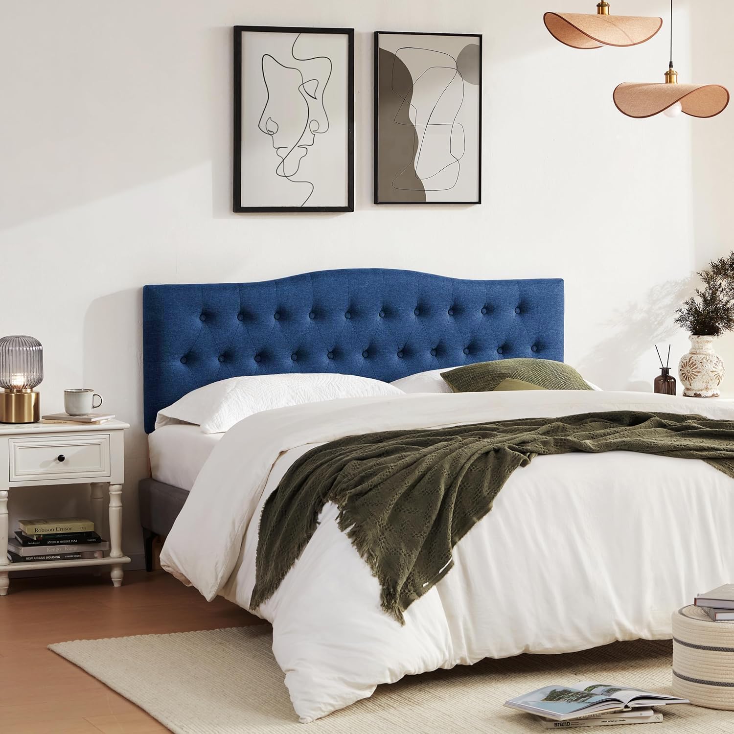 Huatean Home Tufted Upholstered Headboard Full Size, Sturdy and Durable Solid Wood Full XL headboard, Fabric Headboard Adjustable Height from 37' to 51', Modern Button Diamond Design Head Board, Blue